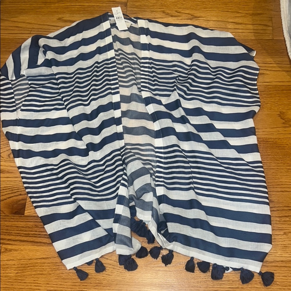 Ann Taylor Loft Striped Striped Blue and White Kimono beach coverup w Tassels xs